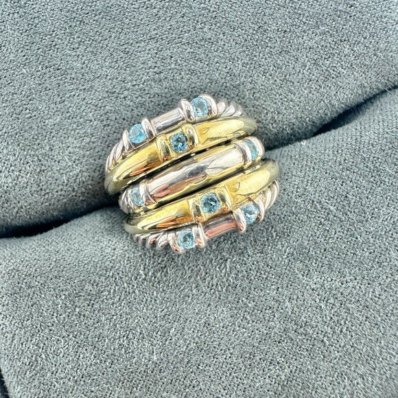 David Yurman Five Row Metro Ring w/ Blue Topaz & 14K Yellow Gold - SIze 7 - RARE